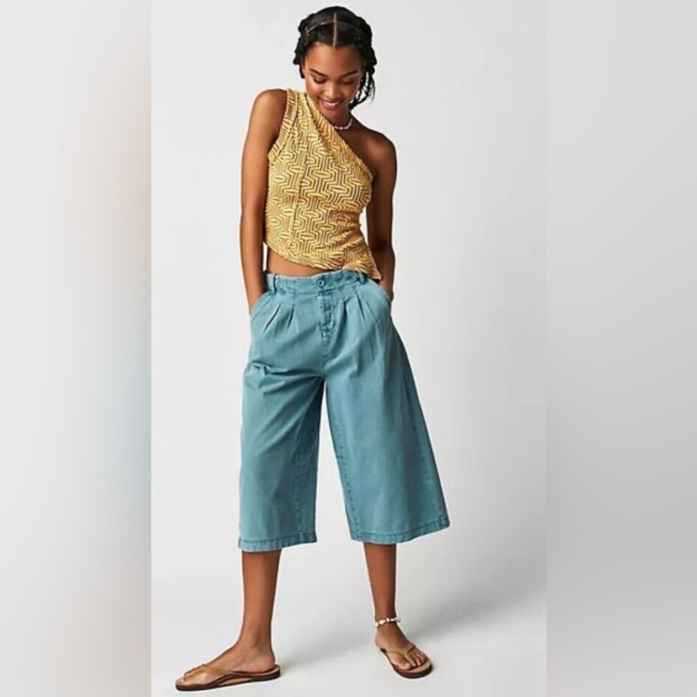 Free People Hard Rain Gaucho Pants Washed Light Blue Wide-Leg Cropped Pants